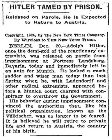 Hitler released from prison