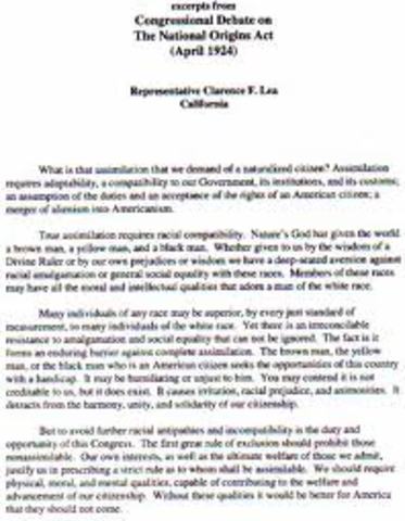 National Origins Act replaces Emergency Quota Act.