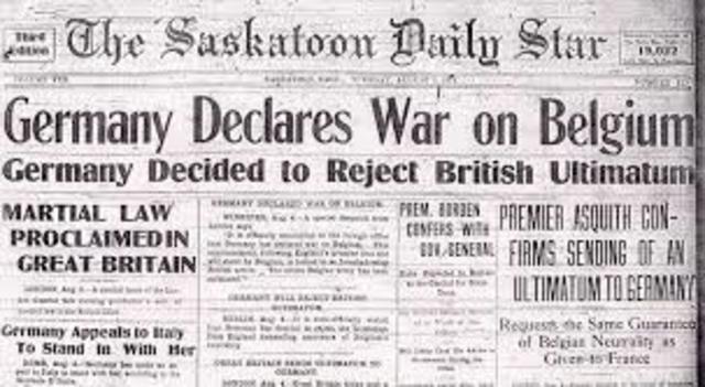 Germany declares war on Gelguim and Britian enters World War I.