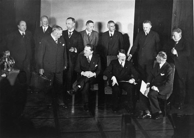 Hitler openly announces to his cabinet he will defy the Treaty of Versailles