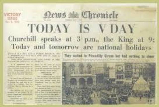 V-E Day, war ends in Europe.