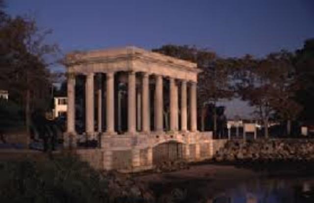 The Mayflower lands at Plymouth Rock, Massachussetts