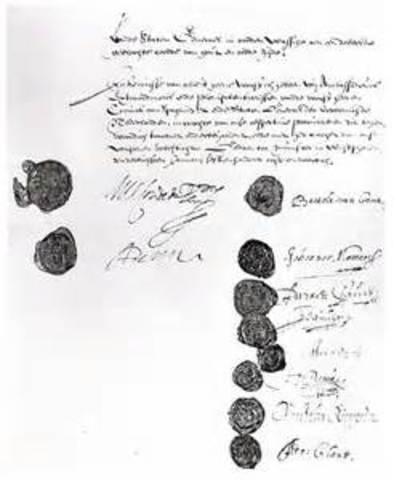 Ondertekening van het Twaalfjarig Bestand tussen Spanje en de Republiek der Zeven Verenigde Nederlanden tijdens de Tachtigjarige Oorlog.