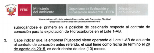 Vencimiento del contrato de concesión del lote 1-AB