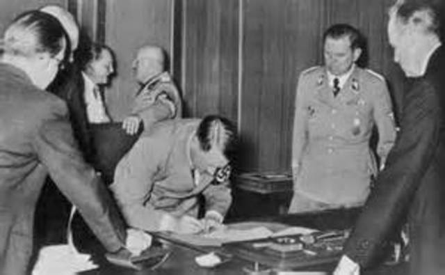 Munich Pact signed giving the Sudetenland of Czechoslovakia to Germany
