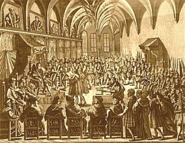 Peace of Augsburg divides Christianity in Germany.