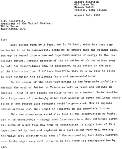 Einstein’s letter to FDR, “The Manhattan Project”