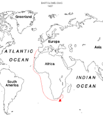 Bartolomeu Dias sails around Cape of Good Hope at southern tip of Africa