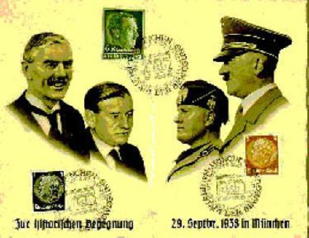 Hitler accepts Italian meditation, in conference in Munich. Britain and France accept his terms- the Sudetenland is taken by Germany.