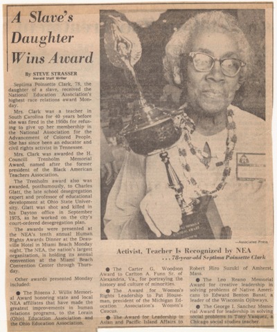 Septima Clark gained the racial relations award from the National Education Association