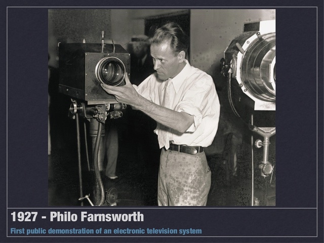 Philo Farnsworth transmits first electronic television image and patents first electronic system