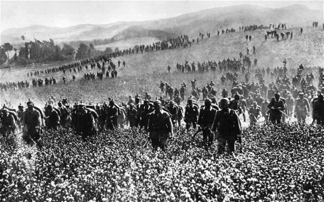 German troops enter neutral Belgium, carrying out the Schlieffen Plan. Great Britain declares war on Germany. Belgium declares war on Germany.