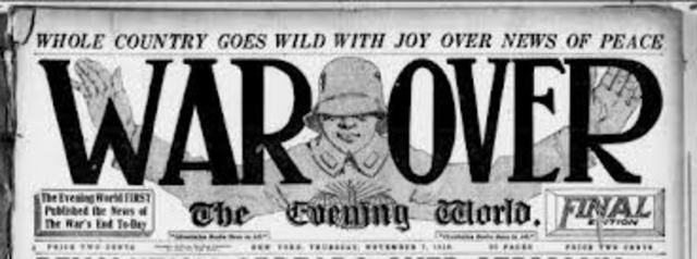 Armistice Day. An Armistice is signed ending fighting on western front.