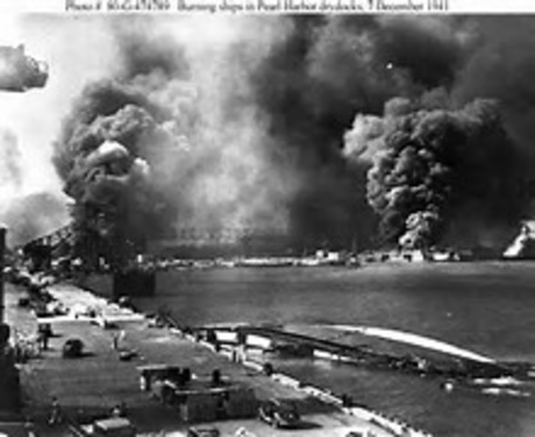 Pearl Harbor in Hawaii attacked by Japanese Naval and Air forces, US declares war on Japan, Germany and Italy declare war on the US