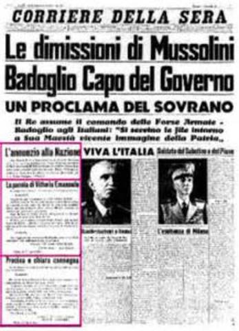 Italy surrenders, Mussolini dismissed as Prime Min.