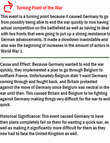 Germany exectures Schlieffen Plan, Belgium denies entry and UK declares war on Germany.