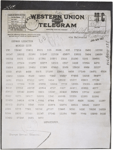 Germans send a telegram to Mexico for them to declare war against USA, discovered and translated by the British (turning point)