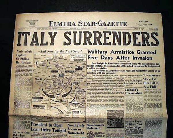 Italy surrenders, Mussolini dismissed as Prime Min.