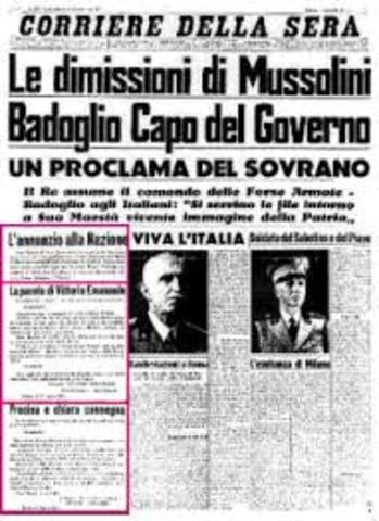 Italy surrenders, Mussolini dismissed as Prime Min.