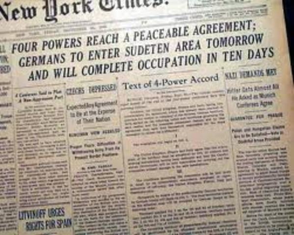 Munich Pact signed giving the Sudetenland of Czechoslovakia to Germany