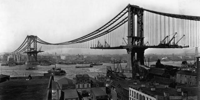 the brooklyn bridge under construction