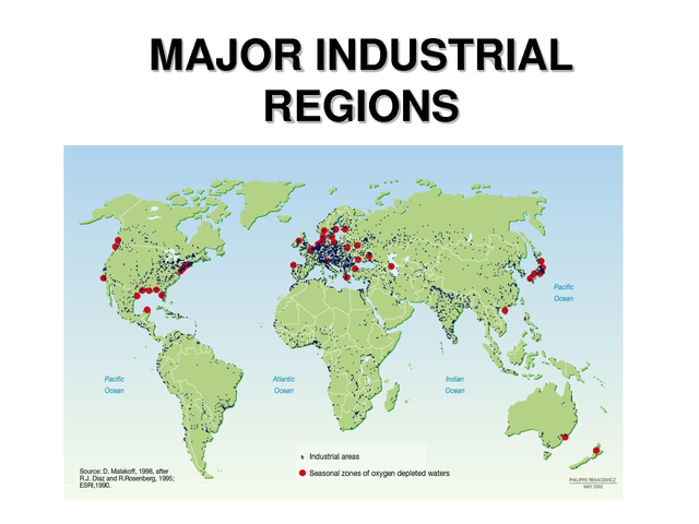 The primary industrial regions of industrial centers were western Europe,eastern North America,western Russia and Ukraine,and East Asia