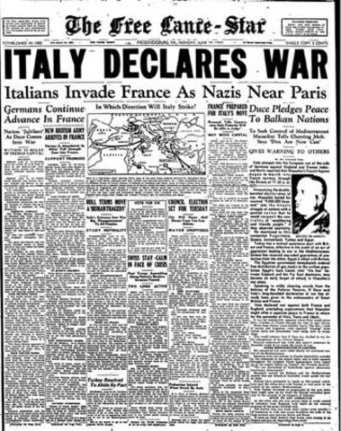 Italy declares war on France and Great Britain