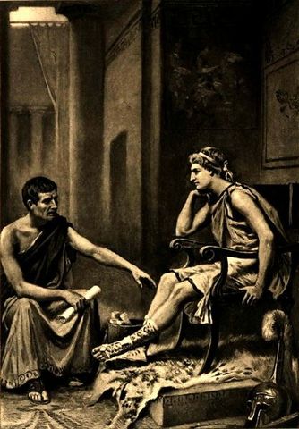 At age 17 Aristotle becomes a student of Plato at the academy; he later teaches Alexander the Great