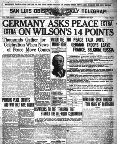 U.S. President Woodrow Wilson issues his Fourteen Points to peace.