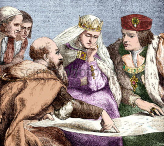 King Ferdinand and Queen Isabella of Spain finally agree to act as patrons to Christopher Columbus and provide money and ships