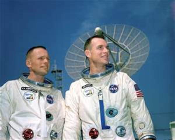 Gemini astronouts Neil Armstrong and Scott David perform the first critical orbital docking