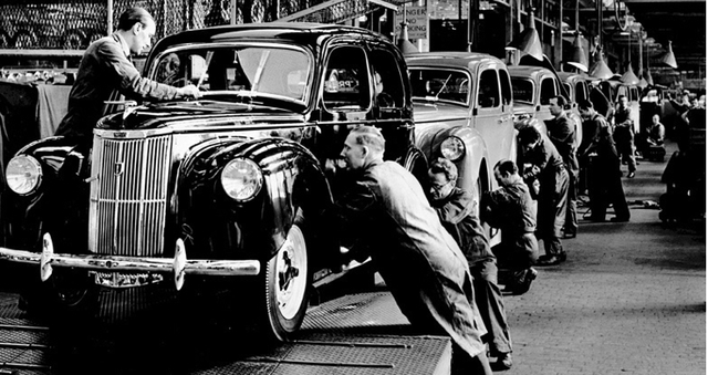 Henry Ford creates the first large-scaled assembly line.