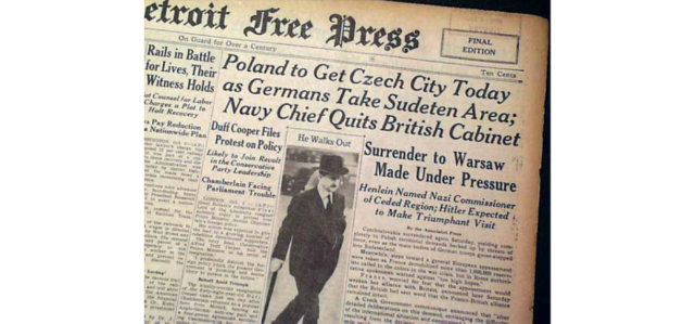 The Munich agreement is signed allowing Nazi Germany's annexation of sections of the western border of Czechoslovakia (later called "Sudetenland") - Timothy Hughes Rare and Early Newspapers, 2015