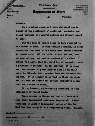President Roosevelt sends letter to Adolf Hitler seeking peace