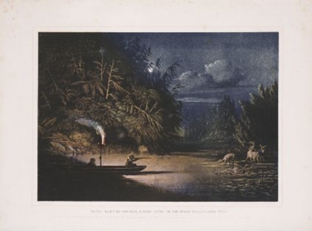 Water Hunting for Deer, a Night Scene on the River,