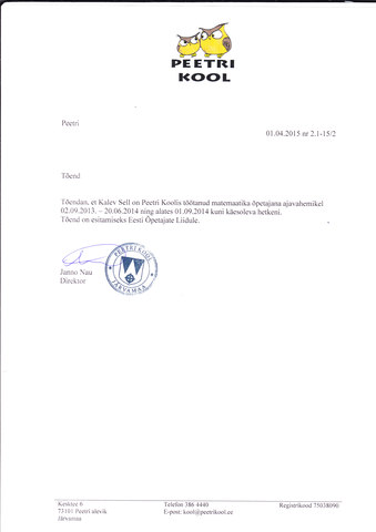 Peetri Koolis õpetajana töötamise tõend.