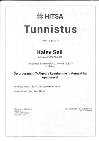 Õpiprogramm T-Algebra kasutamine matemaatika õetamisel  koolitusel osalemine.