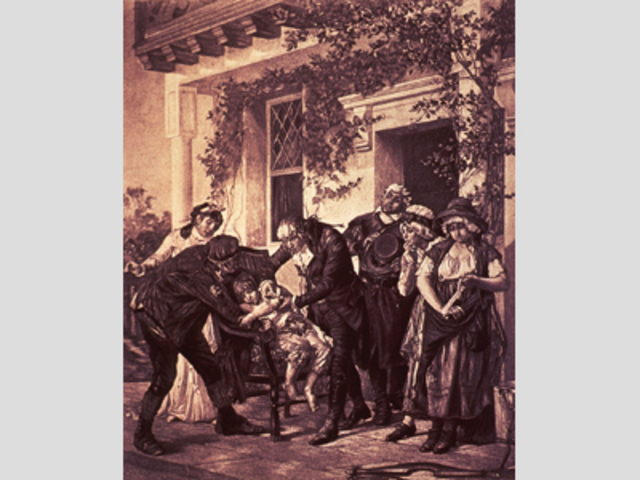 Edward Jenner innoculates a boy leading to the development of a smallpox vaccine