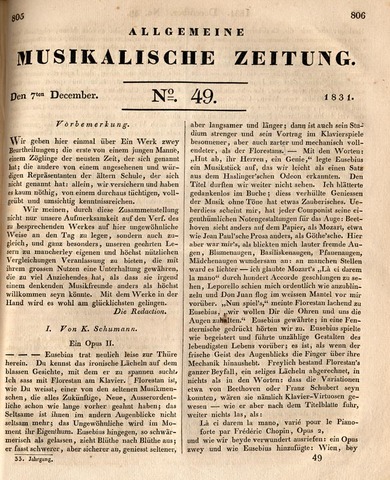 Robert Schumann's first music review. Source: Schumann, Robert. "Review of Chopin’s variations on Mozart’s 'Là ci darem la mano,' Op. 2," Allgemeine musikalische Zeitung 33, no. 49 (1831): 805-06.