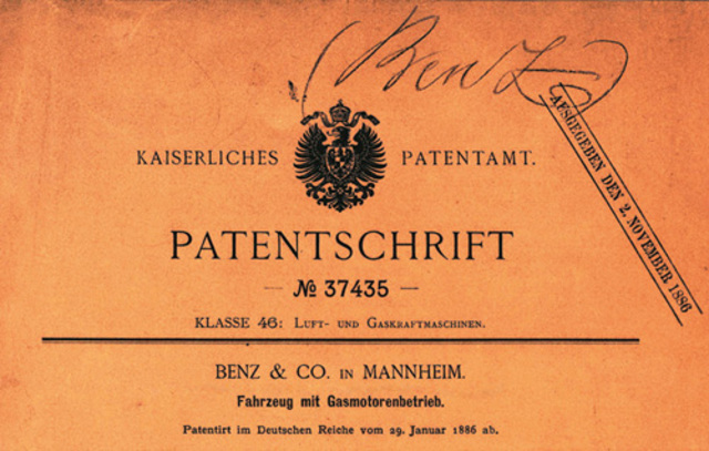 Benz is granted a patent for his automobile