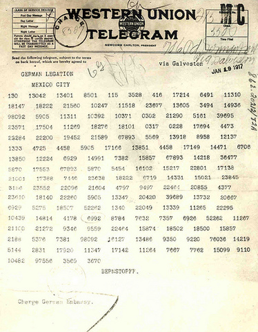 UNITED STATES IS ALERTED ABOUT THE ZIMMERMAN TELEGRAM, WHICH REVEALS GERMAN PLOT AGAINST AMERICA