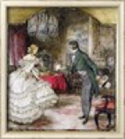 A Young Man Presenting a Bouquet to a Girl Standing in a Drawing Room by Arthur Rackham