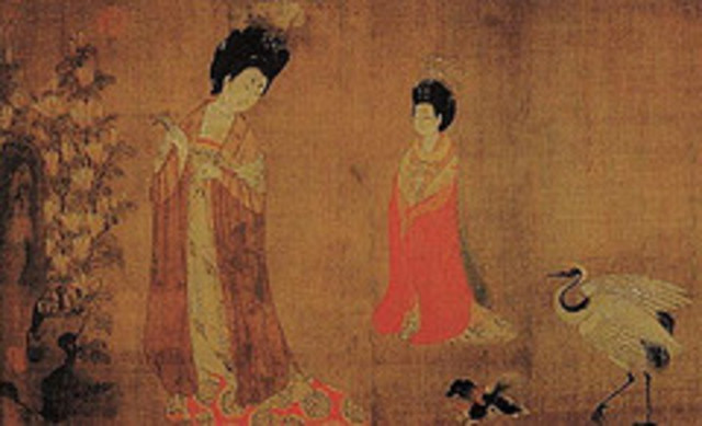 court ladies wearing flowered headdresses