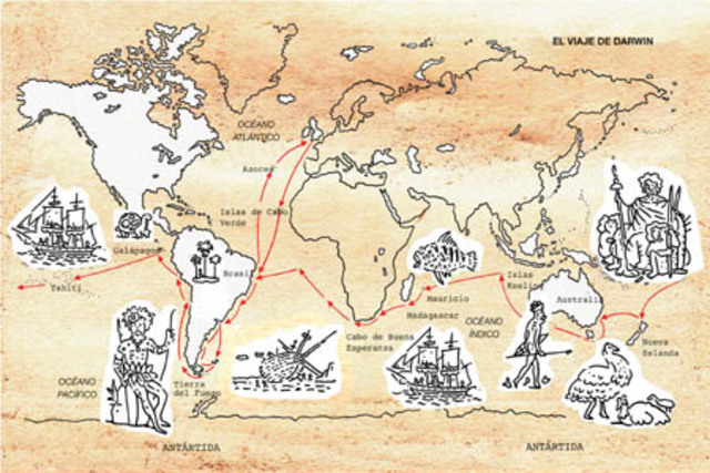 Darwin hace el viaje a bordo del Beagle por buena parte del globo terráqueo.
