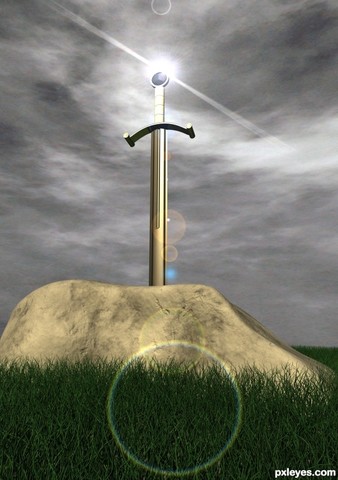 Merlin places the sword in the stone