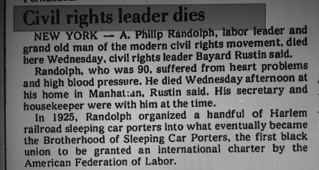 A. Philip Randolph died in his New York home.