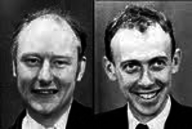 el bioquímico americano James Watson y El biofisico americano Francis Crick anuncian la estructura en doble hélice del ADN o codigo genetico