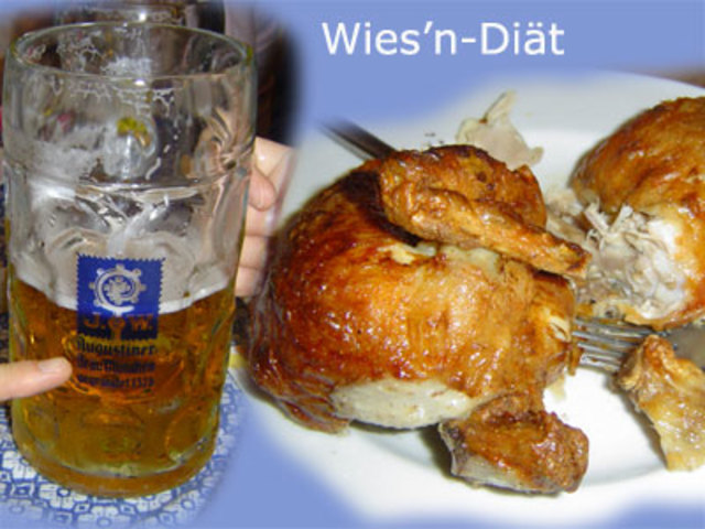 Felix geht zu Oktoberfest. Er bestellt ein Hendl und Maß.