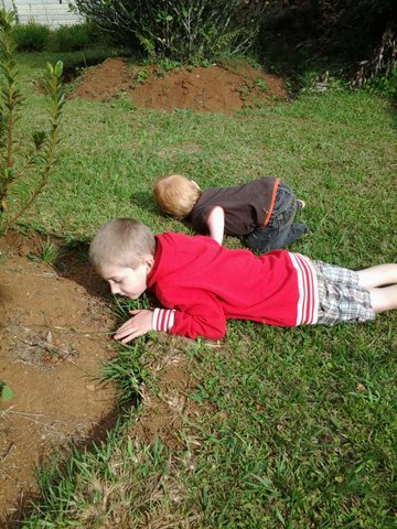 Helmut Müller, Felix Neumann und Bruno verstecken sich hinter einem Busch.