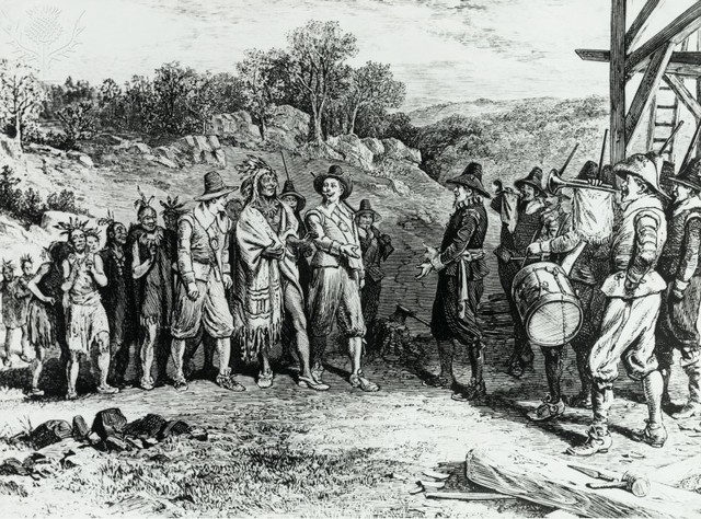 Wampanoag Indians meet the Pilgrims as they arrive in Plymouth. Tribe member Squanto helps them survive their first winter in North America.